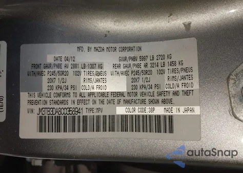 2012 Mazda Cx-9 Grand Touring z USA, uszkodzony, nr VIN JM3TB3DA8C0358941